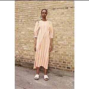 Samsoe Celestina Poplin Puff Sleeve Purple Yellow Striped Midi Dress M NWT 6095